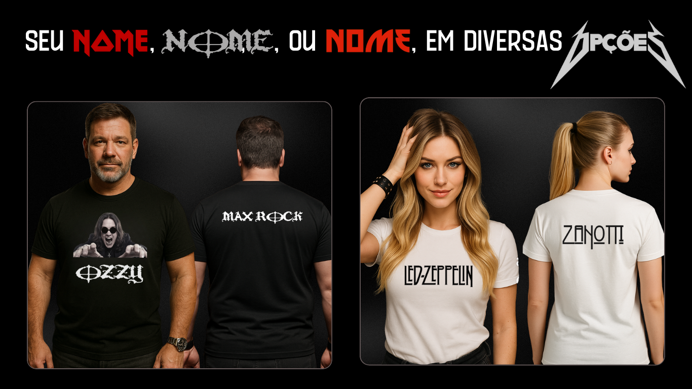 Camisetas de rock com atitude, estilo urbano e personalização exclusiva. Estampas duráveis, feitas para quem vive o rock de verdade.