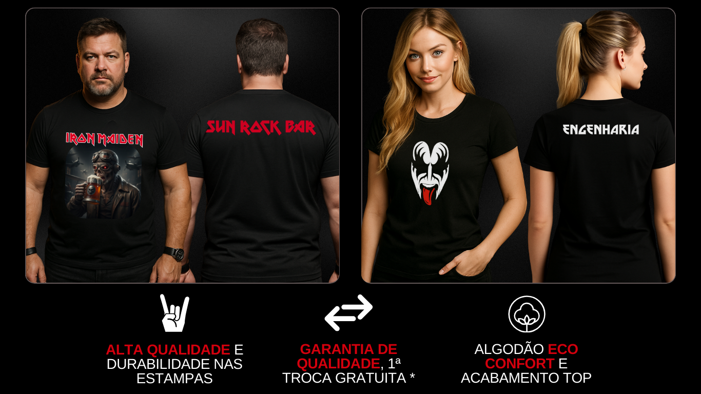 Camisetas de rock com atitude, estilo urbano e personalização exclusiva. Estampas duráveis, feitas para quem vive o rock de verdade.