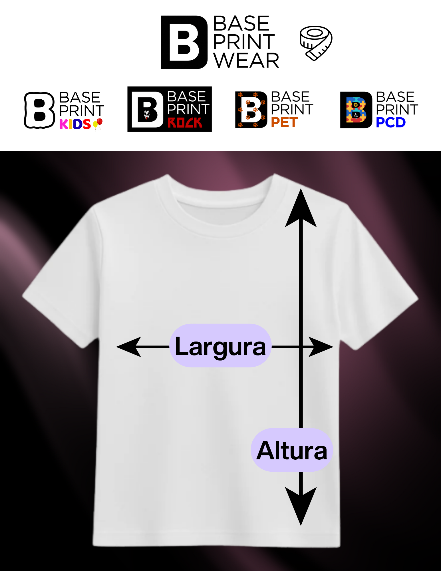 Ilustração mostrando como medir a altura e a largura de uma camiseta.