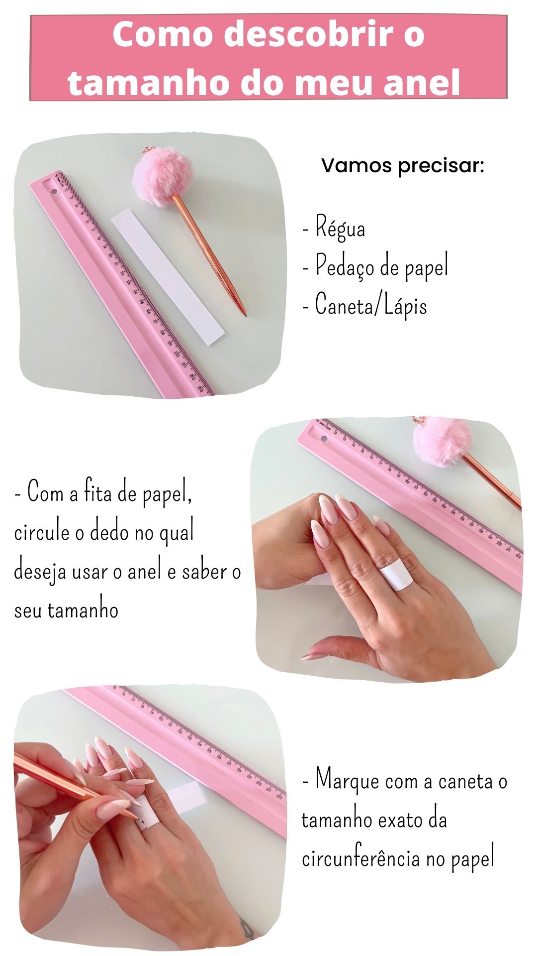 Guia para medir tamanho de anel usando um método caseiro com fita de papel e régua