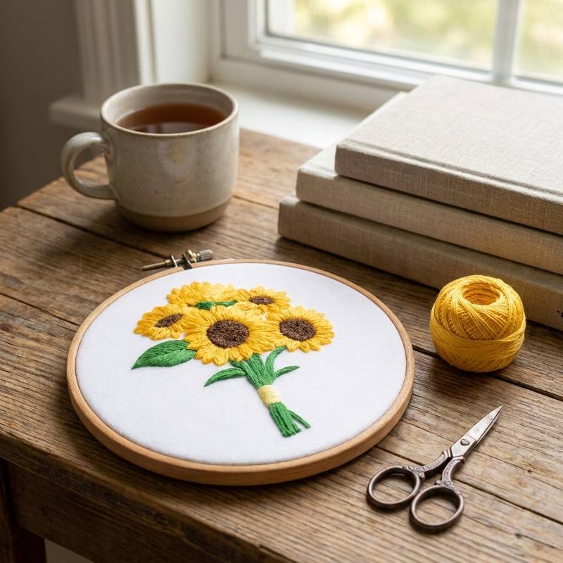 Gira girasol - bordado terminado en el aro