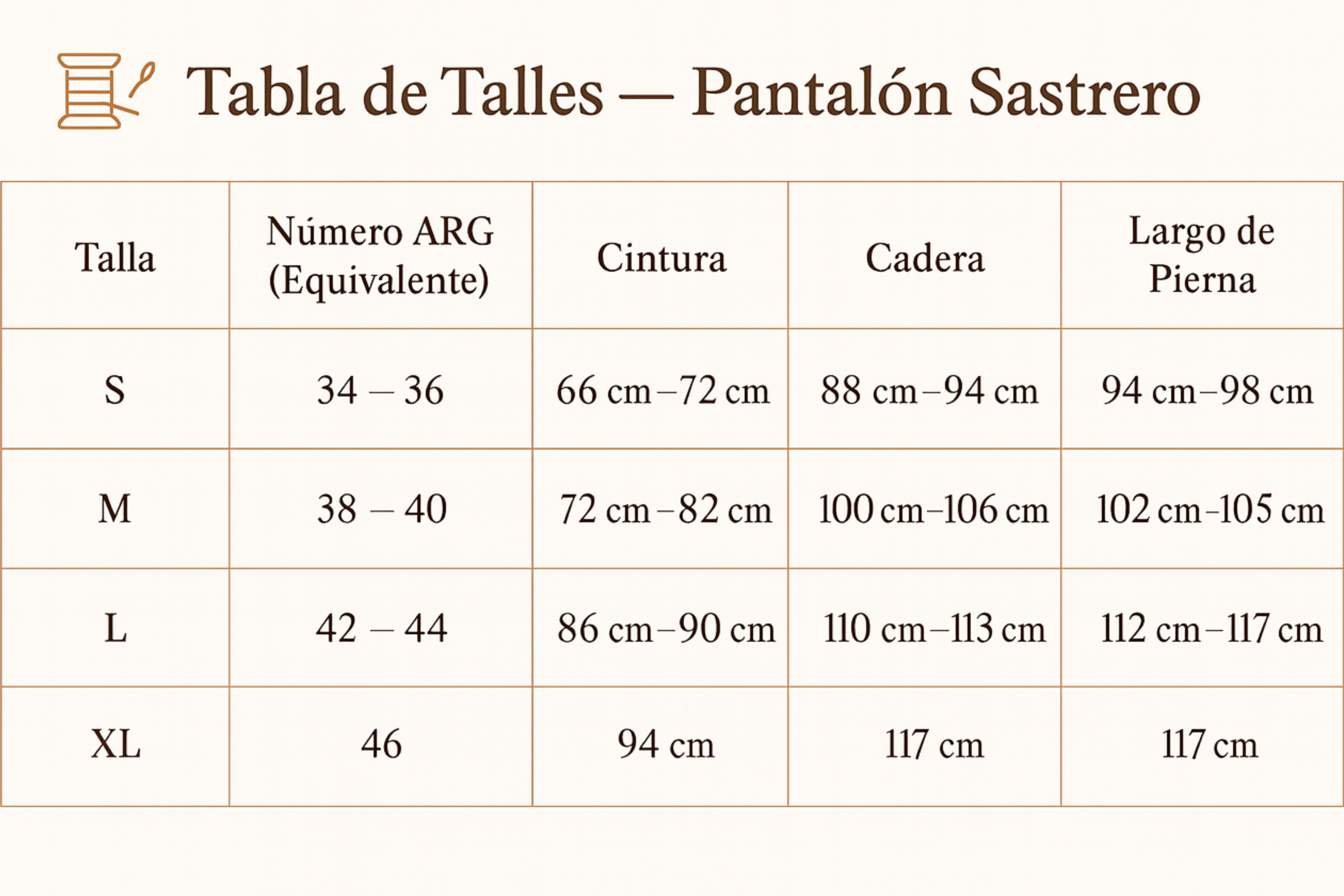 Tabla de talles Milano