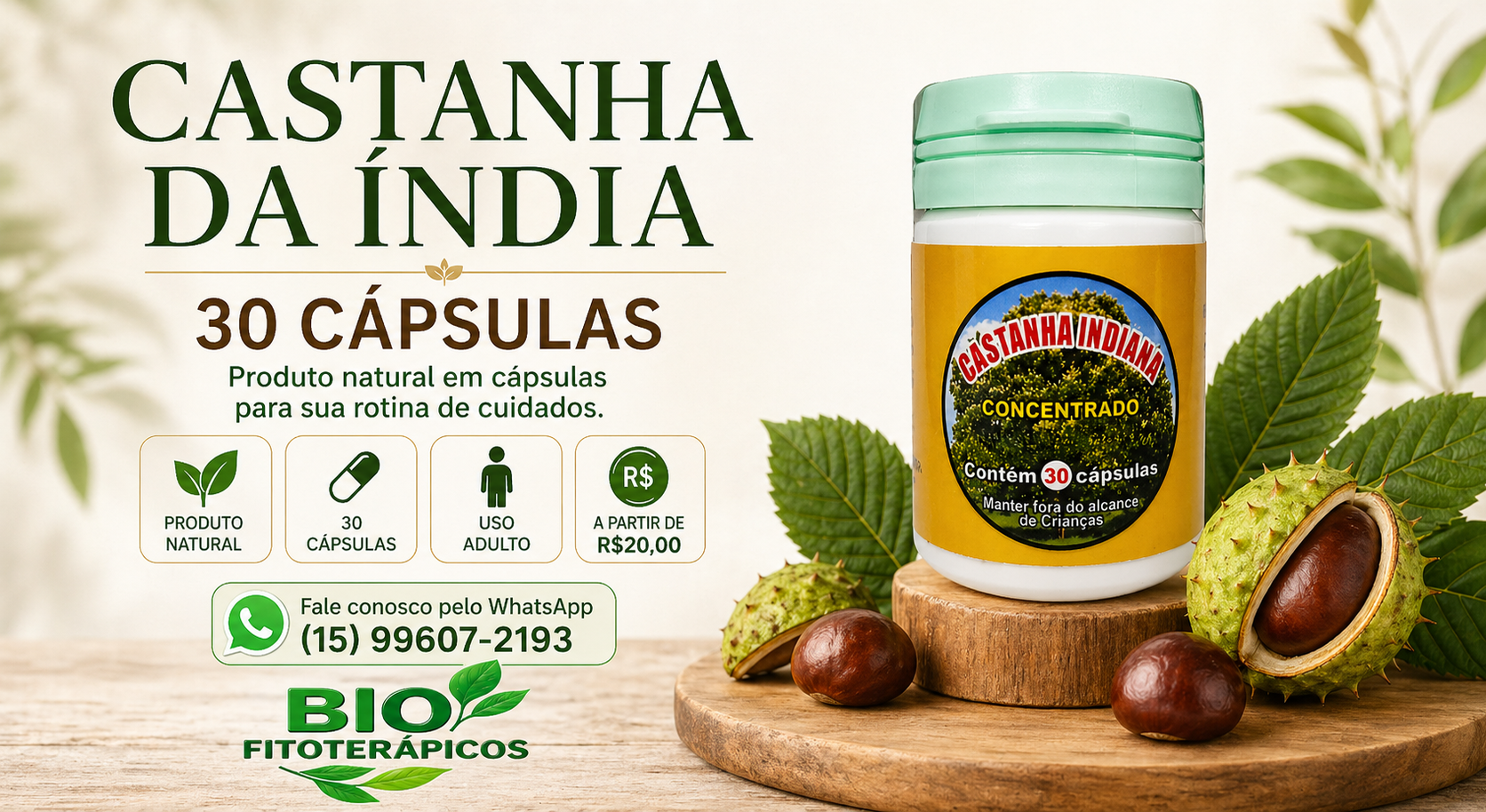 Banner da Castanha da Índia 30 cápsulas da Bio Fitoterápicos, com frasco do produto em destaque, folhas e castanhas naturais ao fundo, selo de produto natural, uso adulto e identidade visual verde da marca