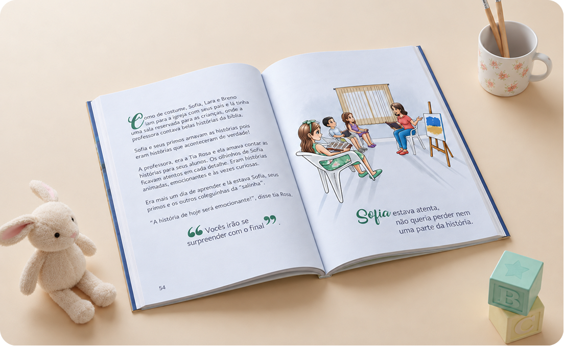 Livro Kabum aberto, mostrando ilustra&ccedil;&otilde;es e atividades