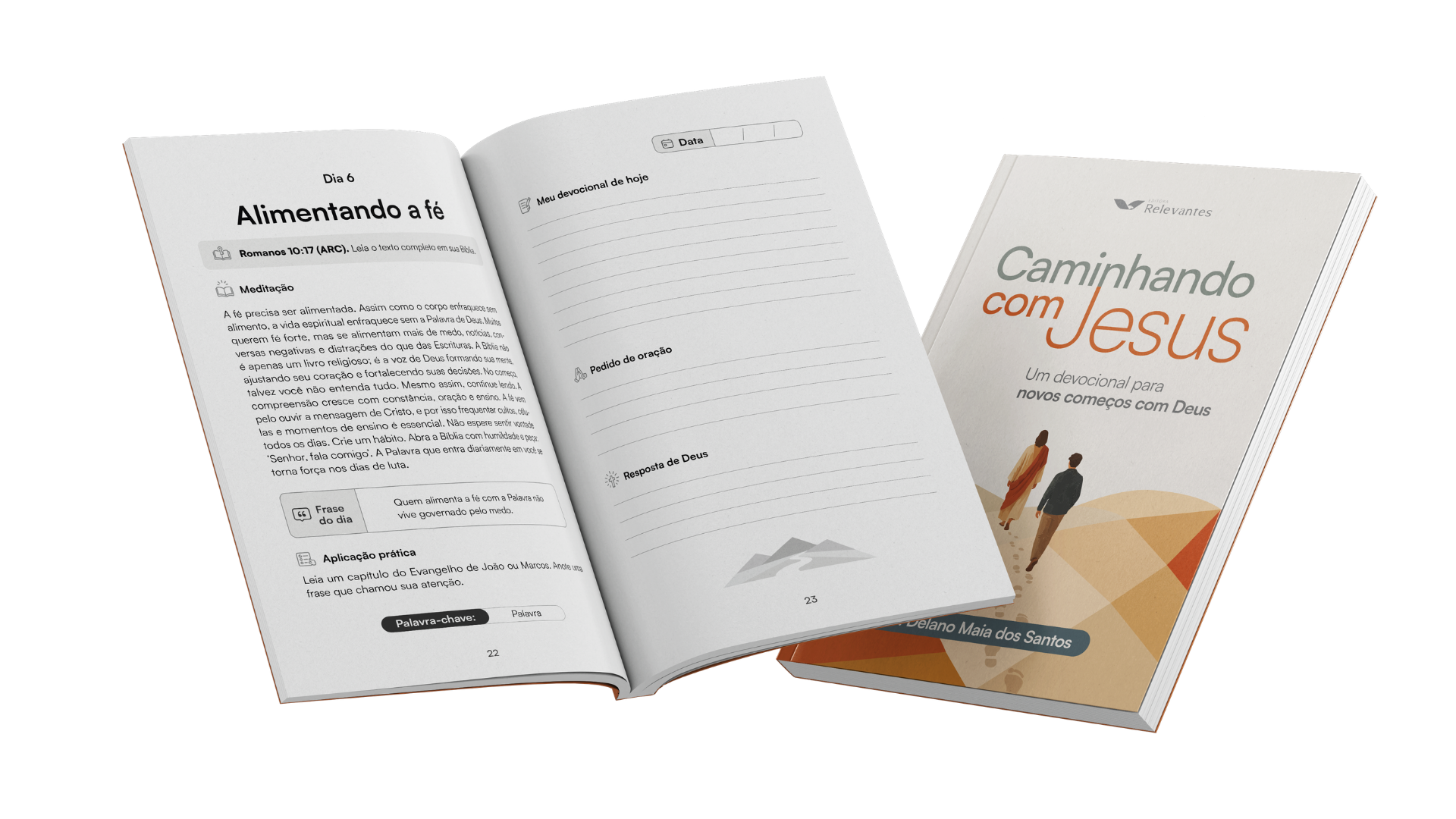 Livro Caminhando com Jesus aberto, mostrando p&aacute;ginas do devocional