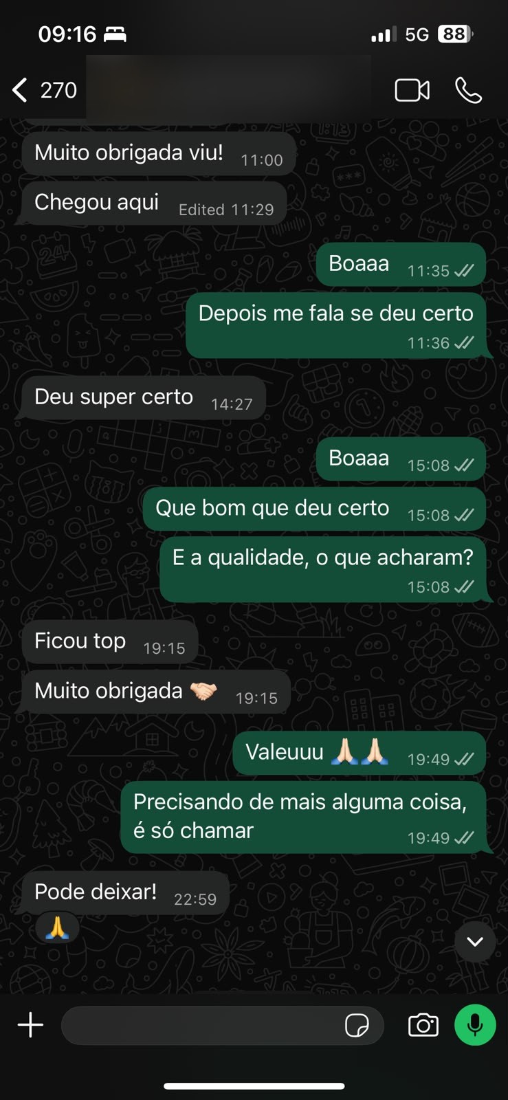 Depoimento de cliente da Rackys no WhatsApp