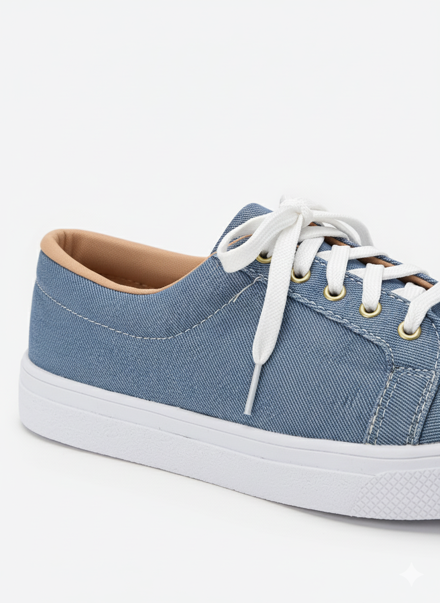Detalhe do acabamento e bico do tênis jeans claro
