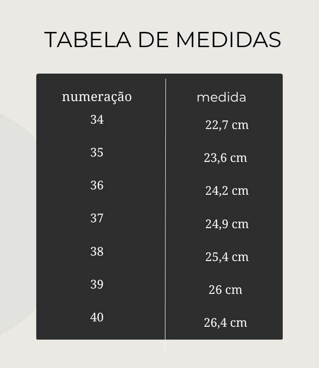 Tabela de medidas - Bia Calçados