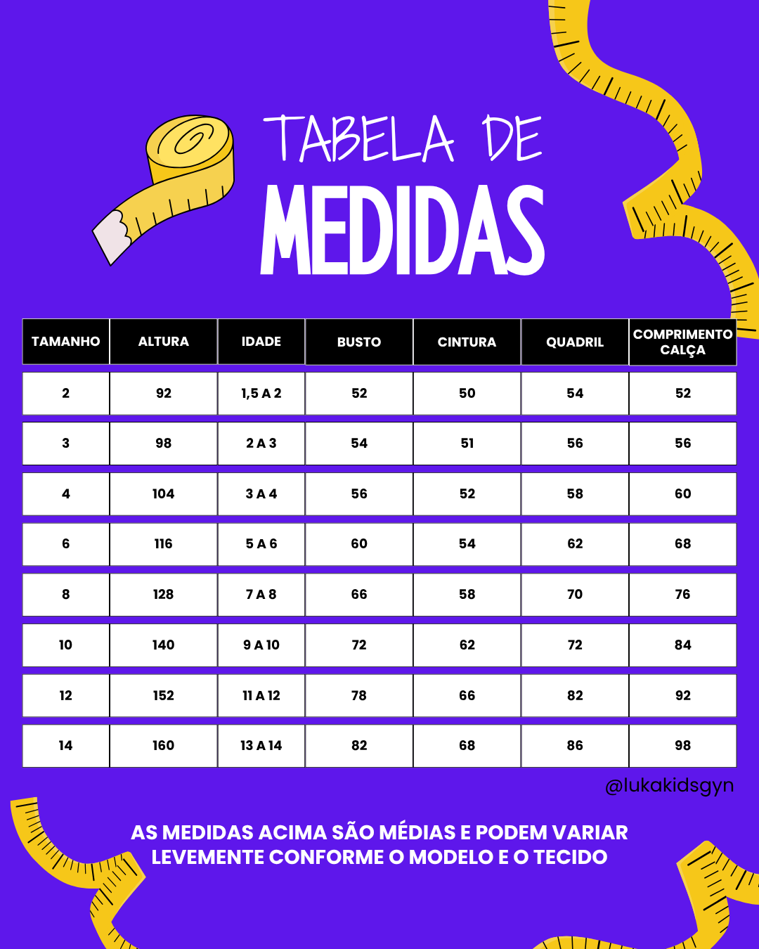 Tabela de medidas