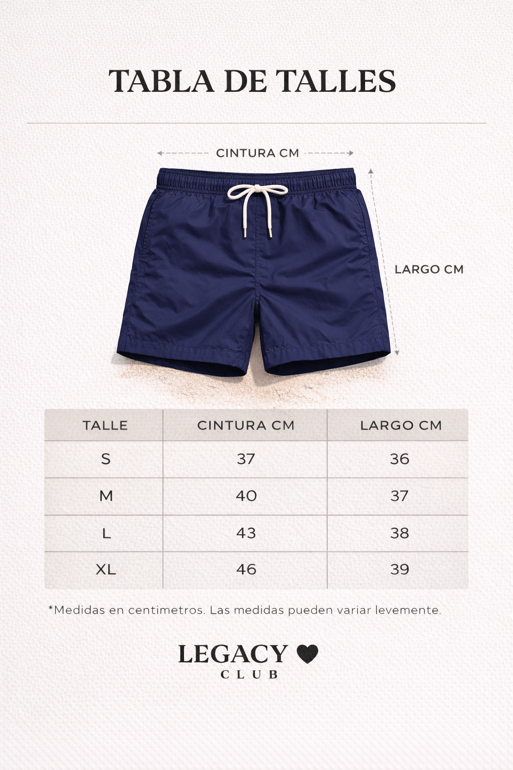 Tabla de talles Shorts de Ba&ntilde;o Legacy
