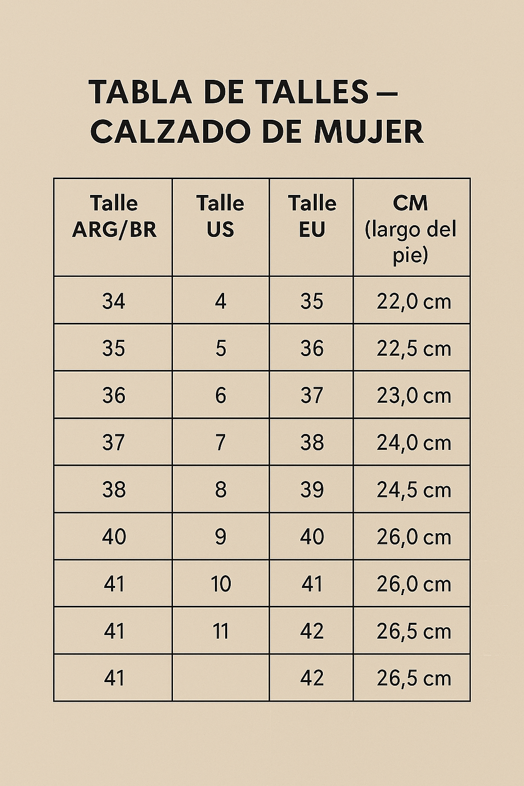 Tabla de talles calzado