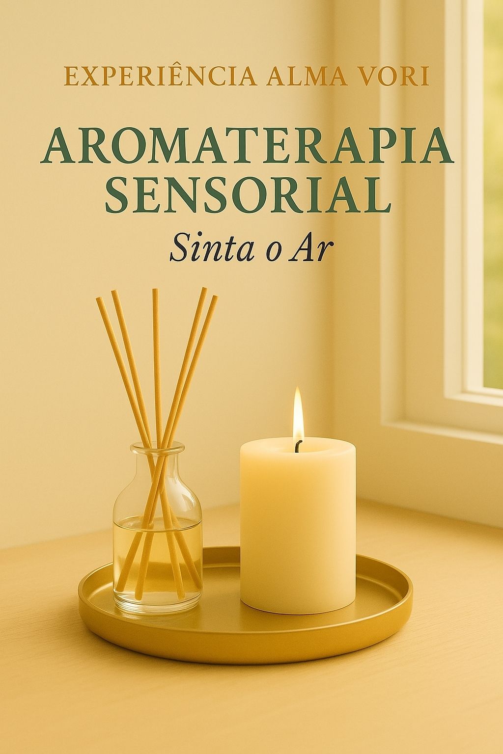 Imagem da seção Após a Sua Compra da Alma Vori, sub-nicho Aromaterapia Sensorial, com vela acesa e difusor de aromas sobre bandeja de madeira, representando a coleção Sinta o Ar.