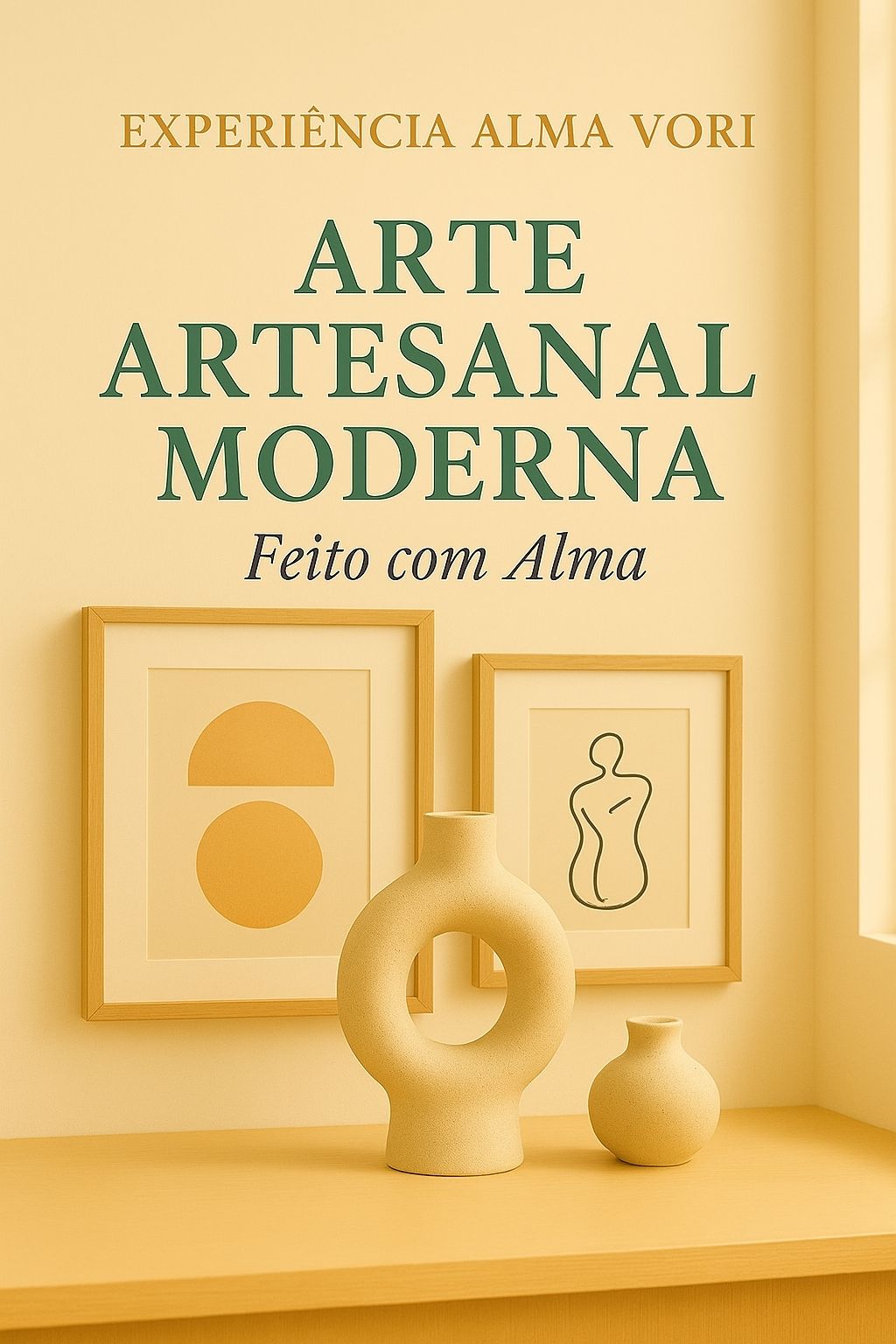 Imagem da seção Após a Sua Compra da Alma Vori, sub-nicho Arte Artesanal Moderna, mostrando vaso de cerâmica e quadros geométricos minimalistas, expressando a coleção Feito com Alma.