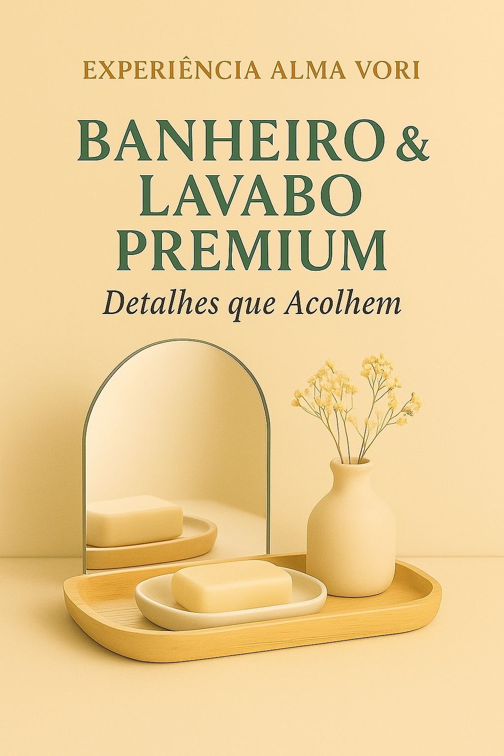 Imagem da seção Após a Sua Compra da Alma Vori, sub-nicho Banheiro & Lavabo Premium, com espelho, saboneteira e vaso decorativo em tons suaves, simbolizando a coleção Detalhes que Acolhem.
