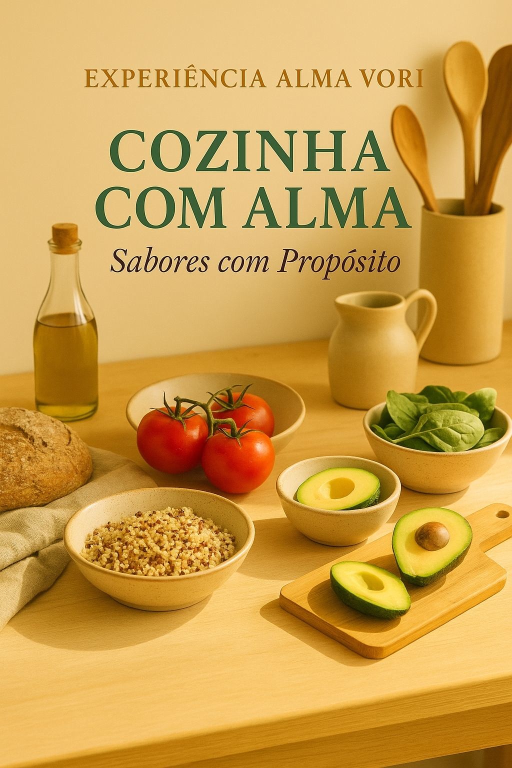 Imagem da seção Após a Sua Compra da Alma Vori, sub-nicho Cozinha com Alma, com mesa de madeira contendo abacates cortados, tomates, grãos e utensílios naturais, representando a coleção Sabores com Propósito.