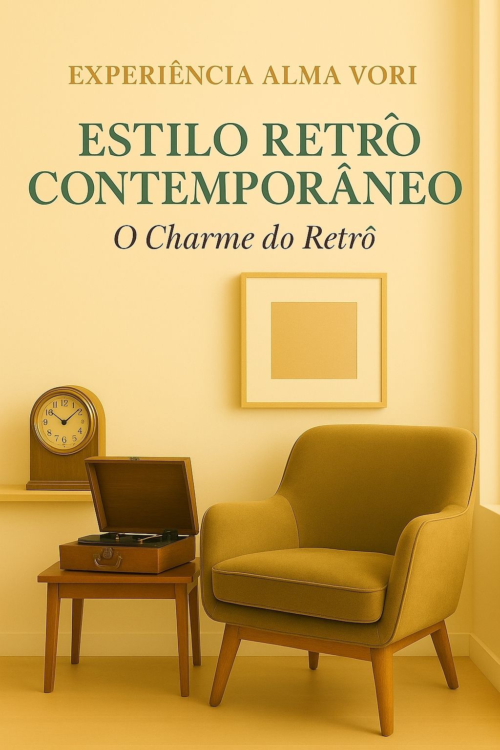 Imagem da seção Após a Sua Compra da Alma Vori, sub-nicho Estilo Retrô Contemporâneo, com poltrona verde-oliva, vitrola e luminária dourada, ilustrando a coleção O Charme do Retrô.
