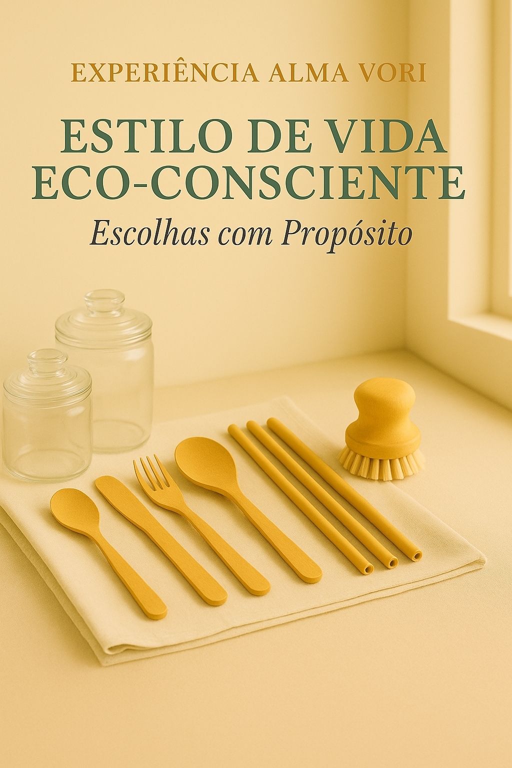 Imagem da seção Após a Sua Compra da Alma Vori, sub-nicho Estilo de Vida Eco-Consciente, com talheres sustentáveis de bambu e frascos de vidro sobre tecido neutro, simbolizando a coleção Escolhas com Propósito.