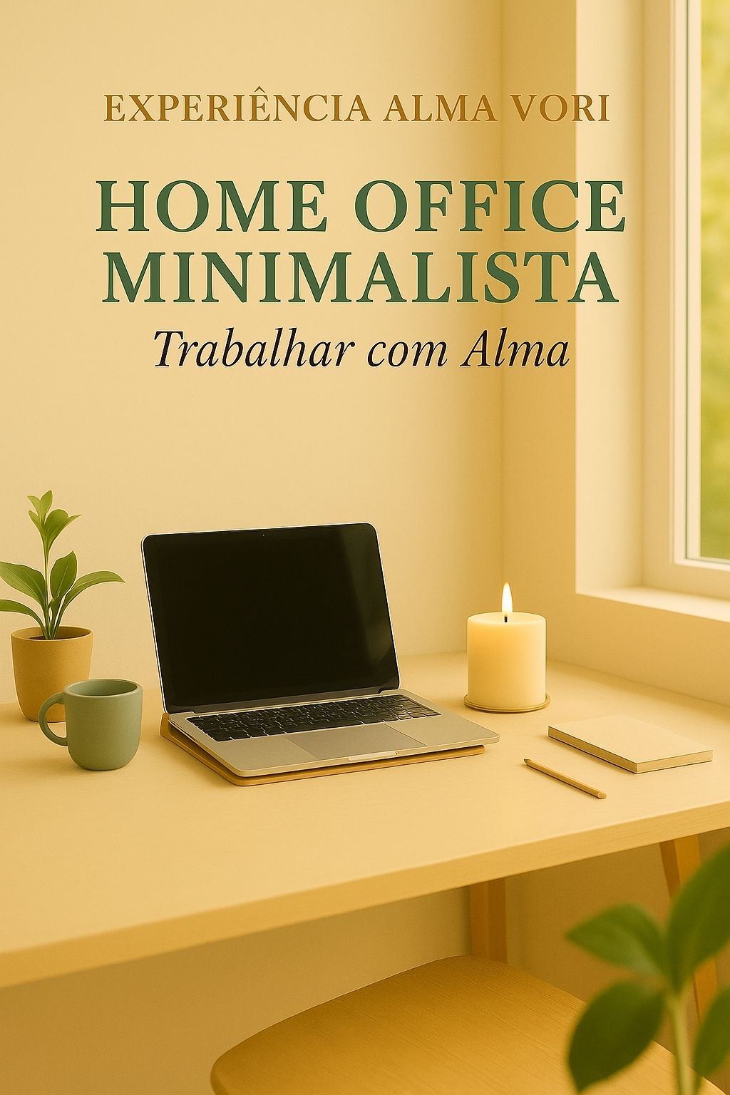 Imagem da seção Após a Sua Compra da Alma Vori, sub-nicho Home Office Minimalista, mostrando mesa clara com notebook, vela e plantas, ilustrando a coleção Trabalhar com Alma.