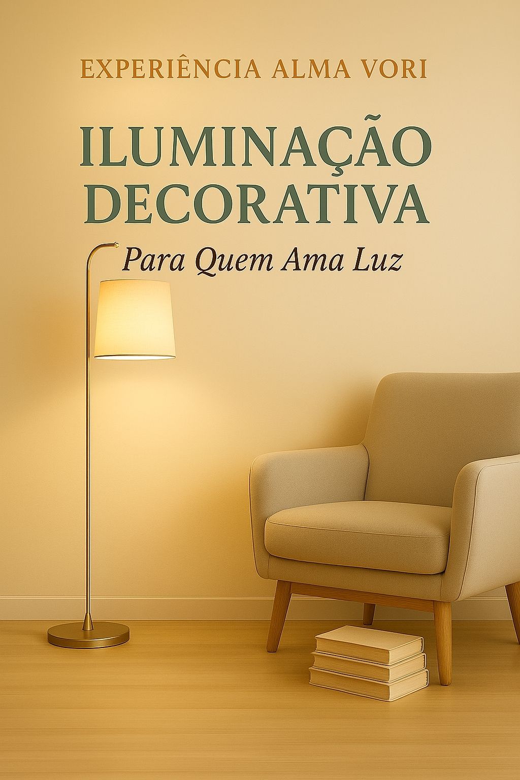 Imagem da seção Após a Sua Compra da Alma Vori, sub-nicho Iluminação Decorativa, com poltrona bege e luminária de piso dourada acesa, simbolizando a coleção Para Quem Ama Luz.