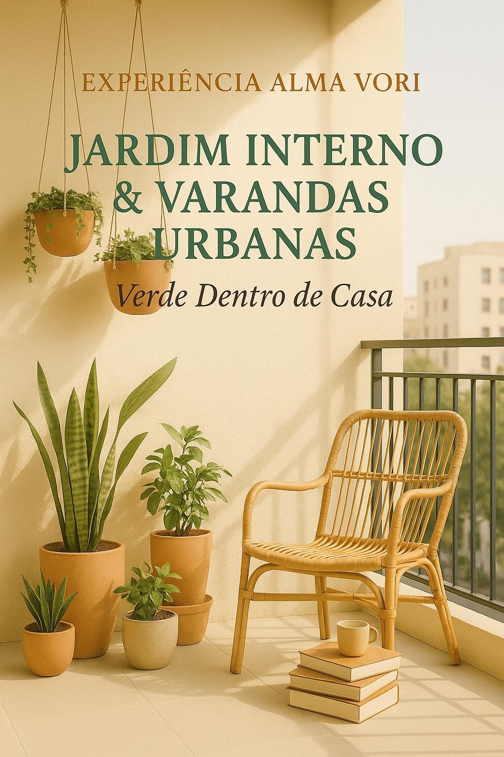 Imagem da seção Após a Sua Compra da Alma Vori, sub-nicho Jardim Interno & Varandas Urbanas, mostrando vasos de plantas e cadeira de palha em varanda iluminada, representando a coleção Verde Dentro de Casa.