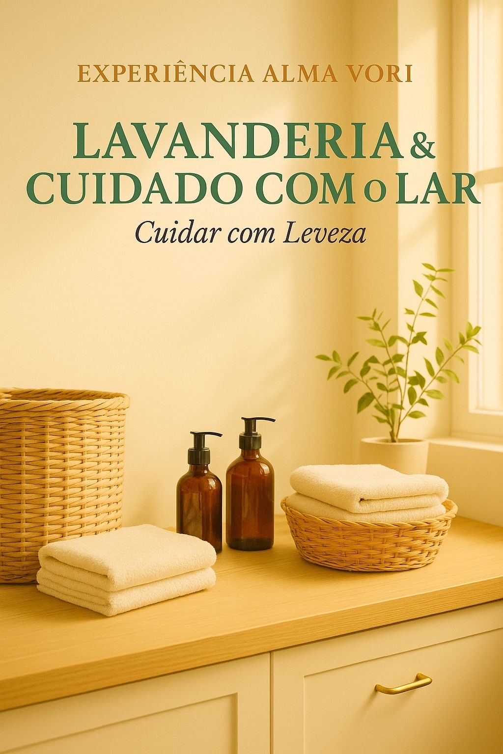 Imagem da seção Após a Sua Compra da Alma Vori, sub-nicho Lavanderia & Cuidado com o Lar, mostrando bancada com toalhas dobradas, frascos âmbar e cestos de palha sob luz natural, representando a coleção Cuidar com Leveza.