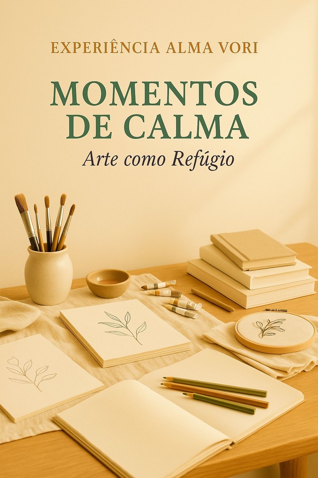 Imagem da seção Após a Sua Compra da Alma Vori, sub-nicho Momentos de Calma, mostrando mesa de madeira com cadernos, pincéis e desenhos botânicos minimalistas em papel bege, representando a coleção Arte como Refúgio.