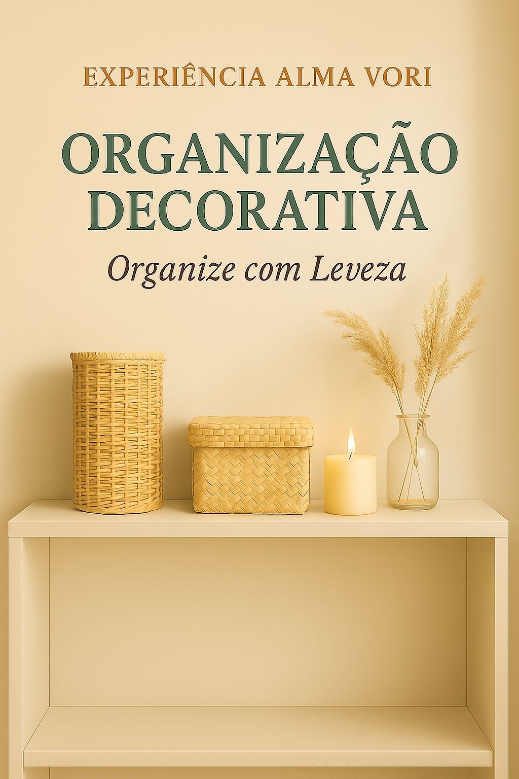 Imagem da seção Após a Sua Compra da Alma Vori, sub-nicho Organização Decorativa, mostrando cestos de palha, vela acesa e vaso com pampas, ilustrando a coleção Organize com Leveza.