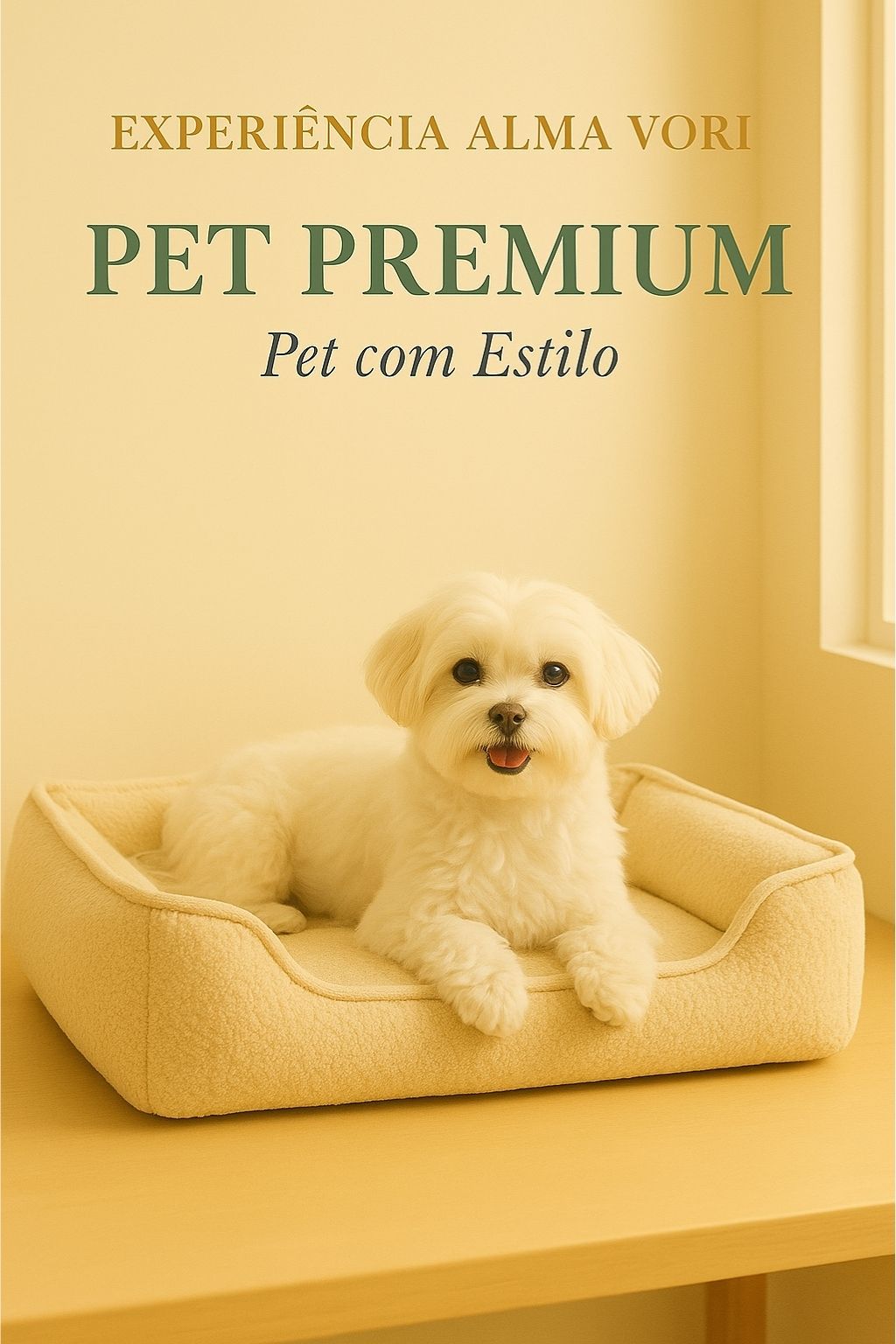 Imagem da seção Após a Sua Compra da Alma Vori, sub-nicho Pet Premium, mostrando um cão branco deitado em cama circular macia, representando a coleção Pet com Estilo.