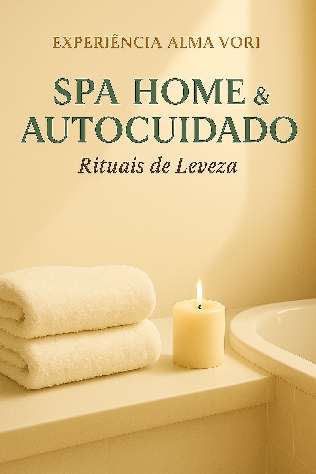 Imagem da seção Após a Sua Compra da Alma Vori, sub-nicho Spa Home & Autocuidado, mostrando toalhas brancas e vela acesa próximas à banheira, representando a coleção Rituais de Leveza.
