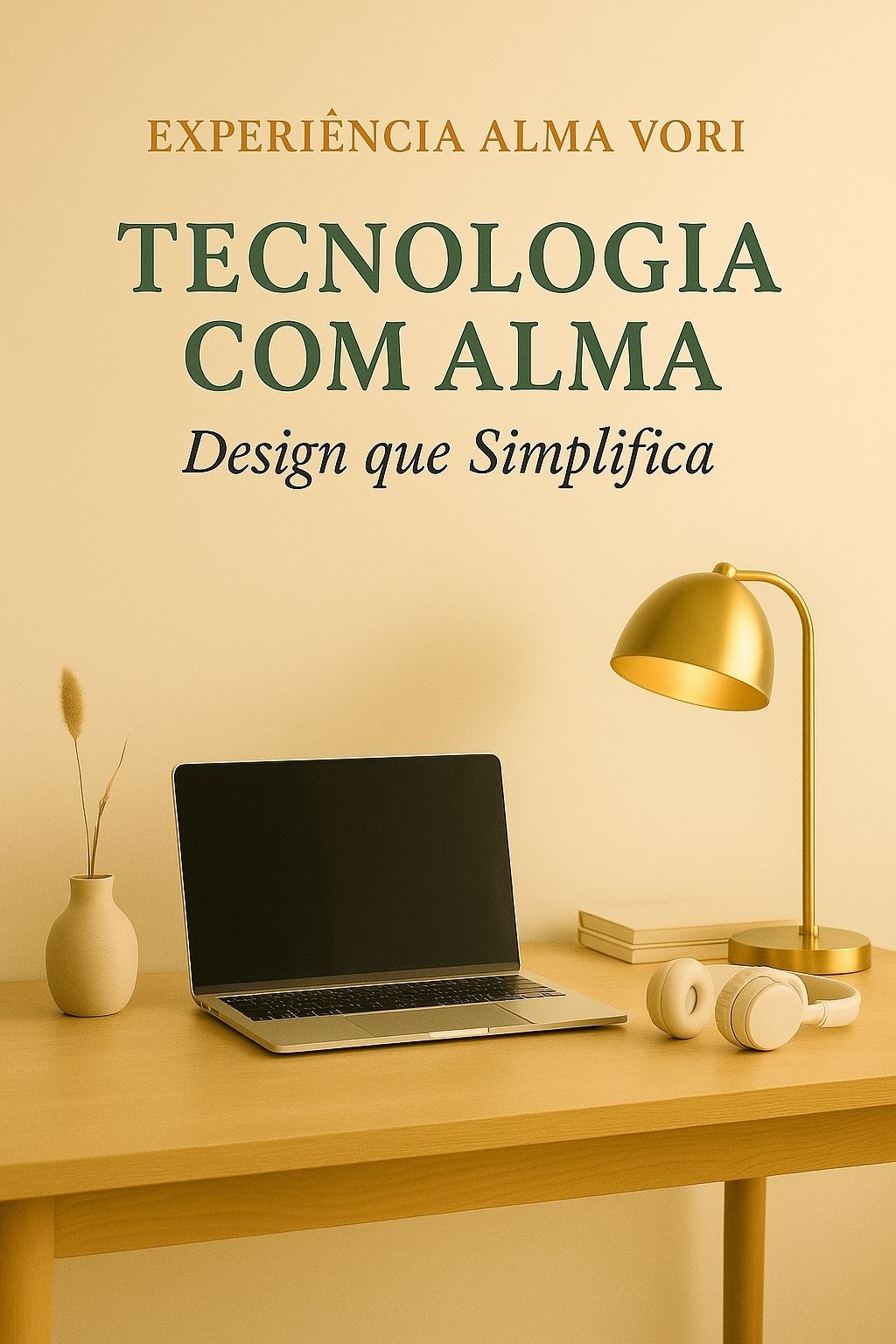 Imagem da seção Após a Sua Compra da Alma Vori, sub-nicho Tecnologia com Alma, mostrando mesa de madeira clara com notebook, luminária dourada e fones de ouvido brancos, simbolizando a coleção Design que Simplifica.