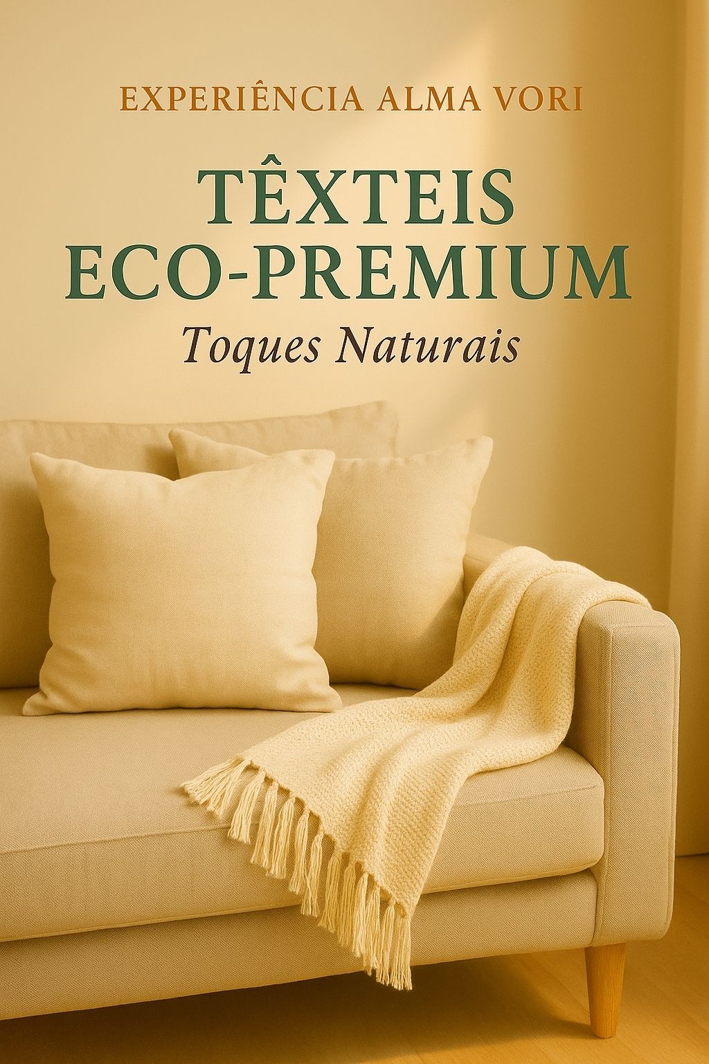 Imagem da seção Após a Sua Compra da Alma Vori, sub-nicho Têxteis Eco-Premium, com sofá neutro, almofadas e manta em tom areia, ilustrando a coleção Toques Naturais.