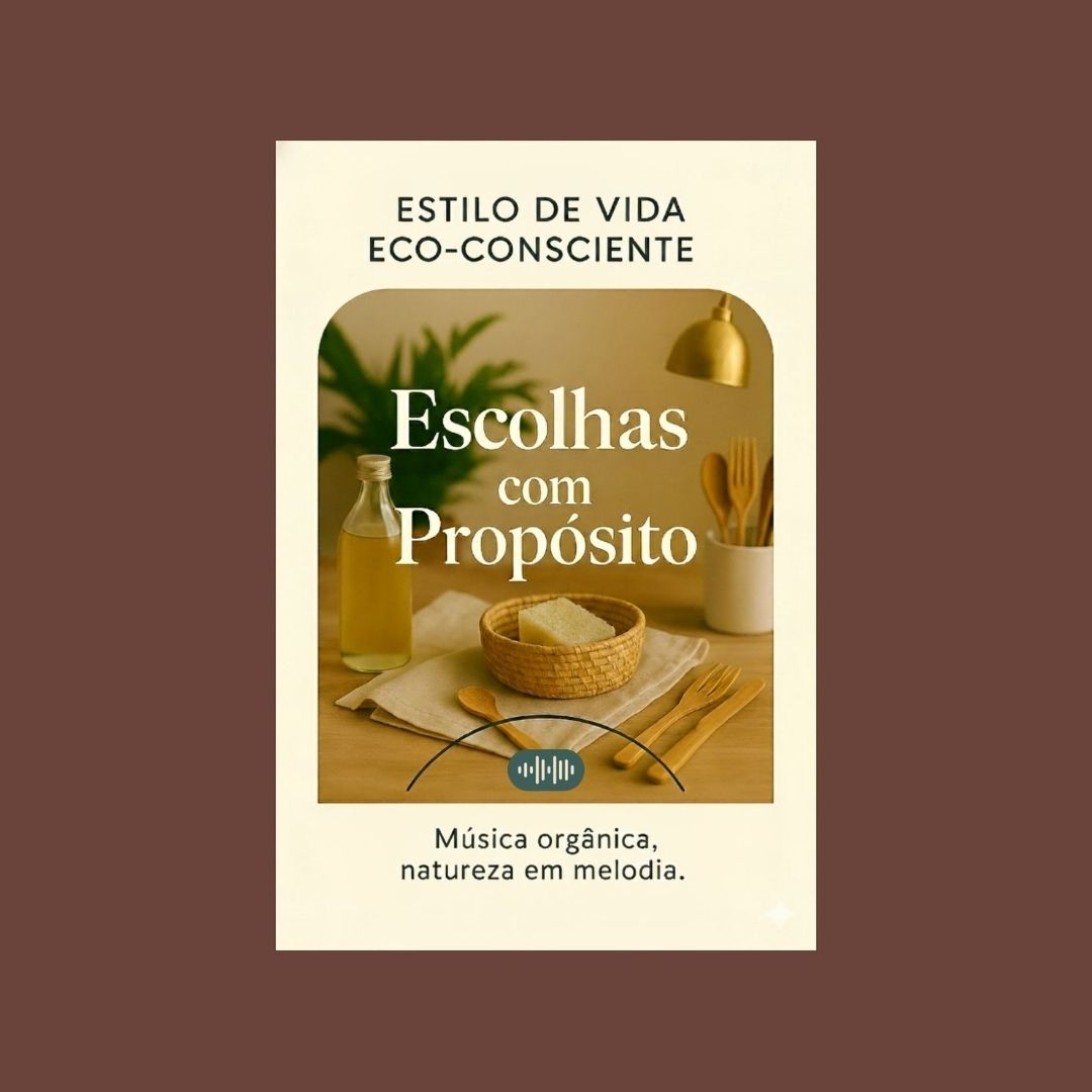 Capa da playlist Alma Vori – Estilo de Vida Eco-Consciente: Escolhas com Propósito. Cesta de vime e frascos reutilizáveis em tons neutros, estética natural.