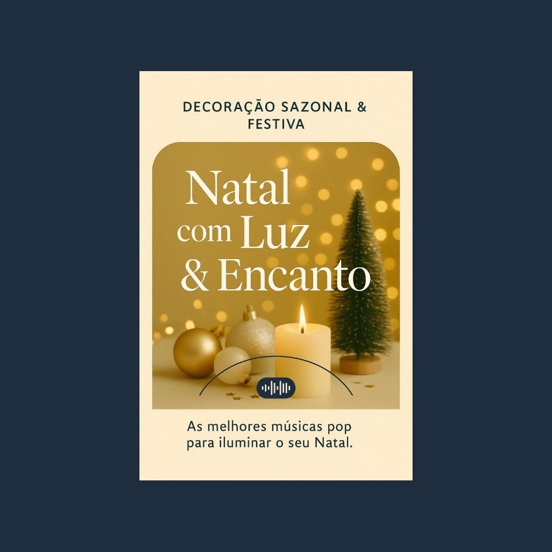 Capa da playlist Alma Vori – Decoração Sazonal & Festiva: Natal com Luz & Leveza. Mesa posta, decorada com bolas de árvore de Natal e ramos de folhas.
