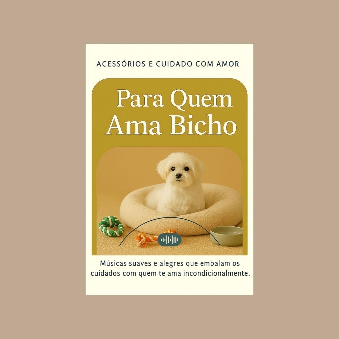 Capa da playlist Alma Vori – Acessórios & Cuidado com Amor: Para Quem Ama Bicho. Pessoa acariciando cachorro branco sobre manta neutra, afeto e calma.