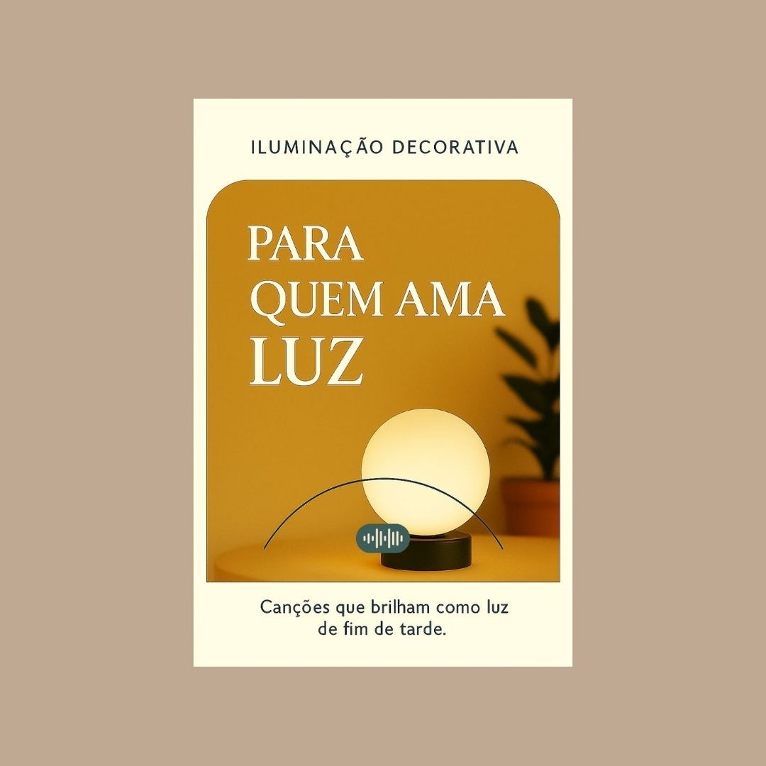 Capa da playlist Alma Vori – Iluminação Decorativa: Para Quem Ama Luz. Luminária dourada acesa, reflexos quentes e atmosfera de aconchego noturno.