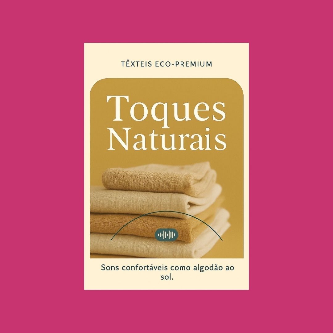 Capa da playlist Alma Vori – Têxteis Eco-Premium: Toques Naturais. Mantas de linho dobradas sobre cadeira de madeira, luz quente e textura suave.