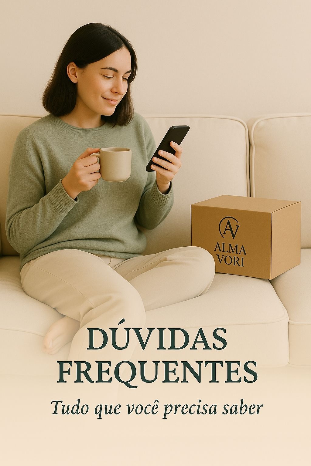 Mulher sentada em sofá claro, vestindo suéter verde-oliva e segurando uma xícara enquanto olha o celular, com uma caixa da Alma Vori ao lado — imagem ilustrativa da página Dúvidas Frequentes.
