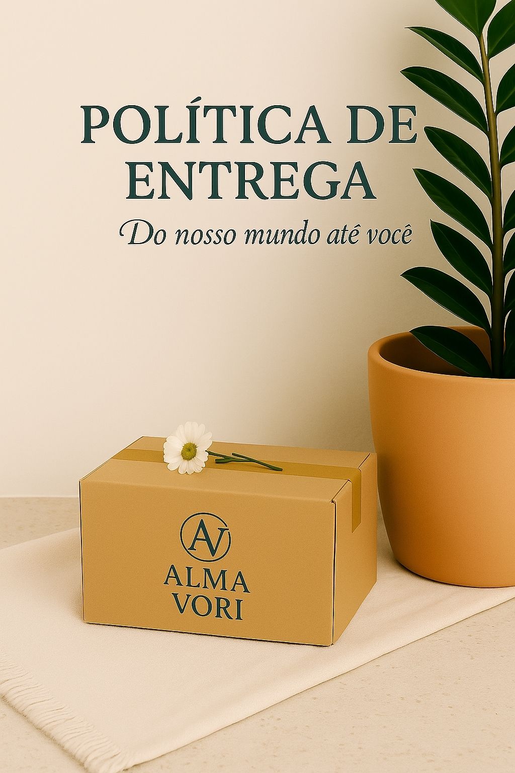 Caixa de envio da Alma Vori sobre tecido bege, decorada com flor branca e acompanhada por um vaso com planta verde — imagem representando a Política de Entrega.