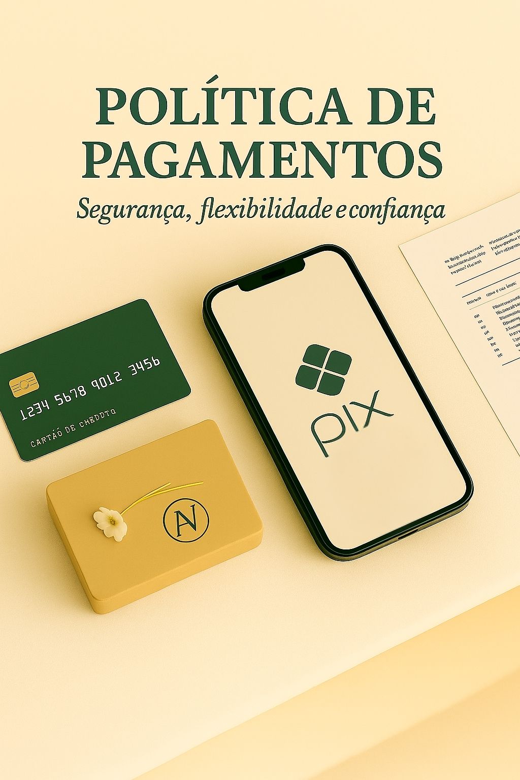 Smartphone exibindo o logotipo do Pix ao lado de um cartão de crédito verde e envelope dourado com flor branca — imagem ilustrativa da Política de Pagamentos da Alma Vori.