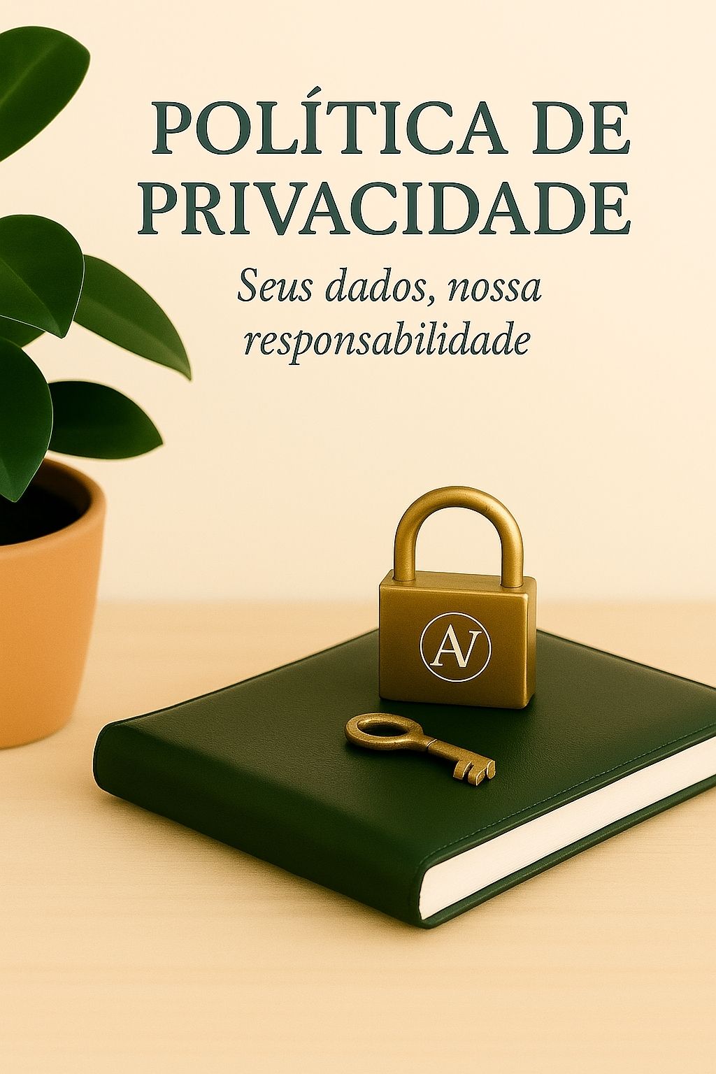 Cadeado dourado com o logotipo AV sobre um caderno verde escuro, acompanhado por uma chave e um vaso de planta — imagem representando a Política de Privacidade da Alma Vori.