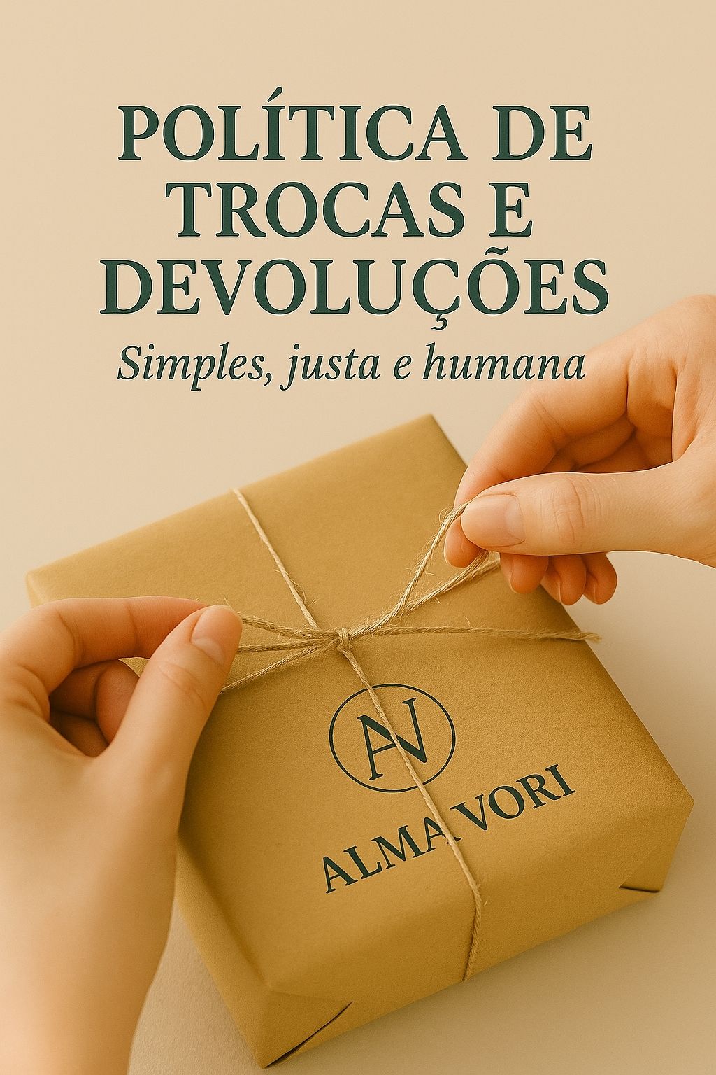 Mãos amarrando barbante em uma caixa de presente da Alma Vori em papel kraft — imagem ilustrativa da Política de Trocas e Devoluções.