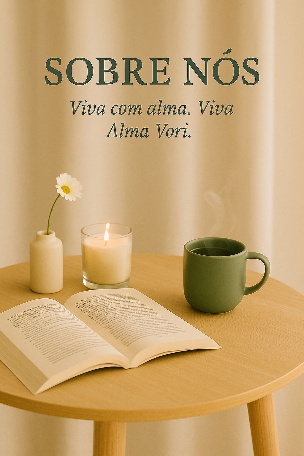 Mesa de madeira clara com um livro aberto, vela acesa, caneca verde e pequeno vaso com flor branca sobre fundo neutro — imagem representando a essência acolhedora e equilibrada da marca Alma Vori.