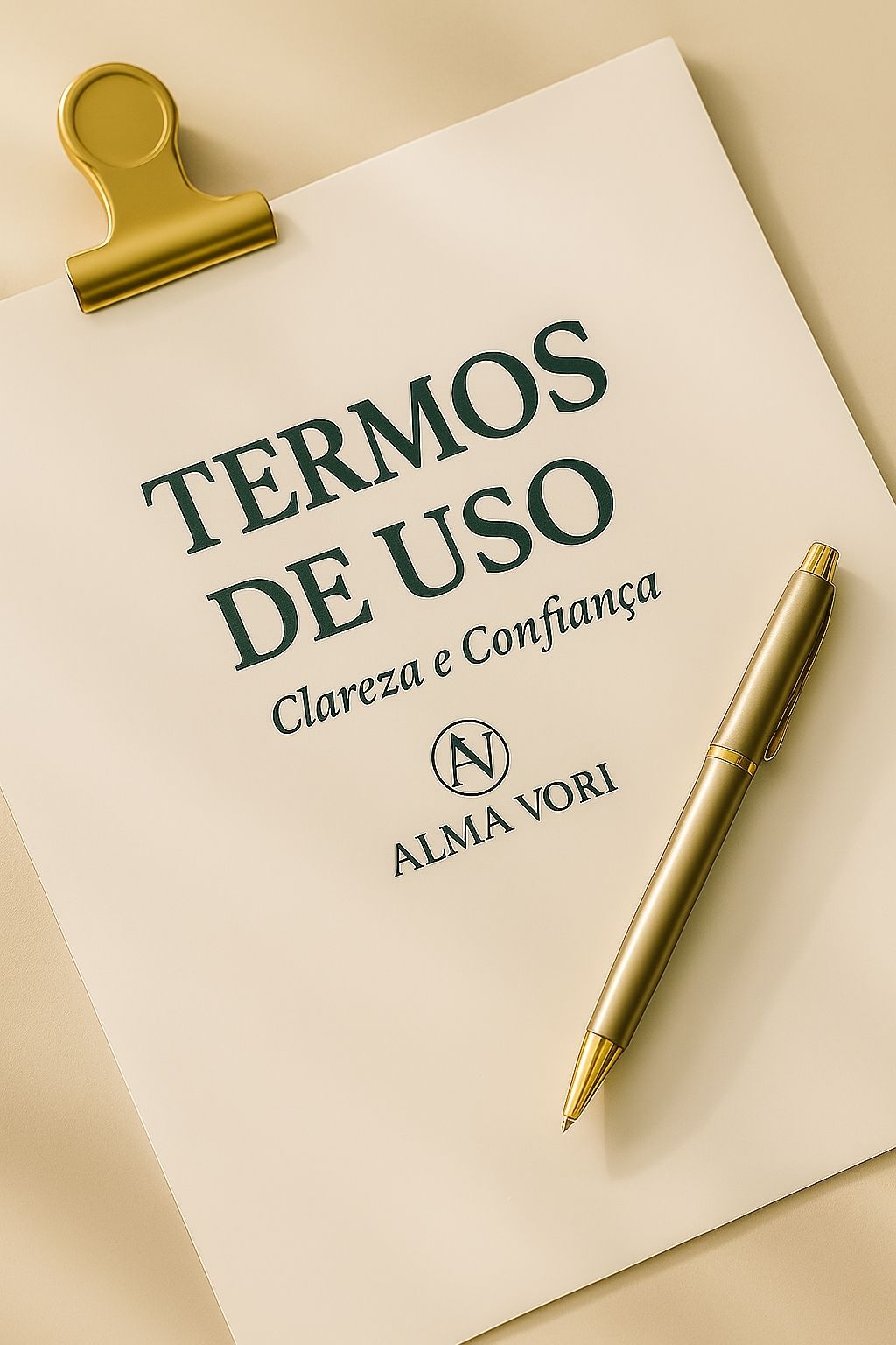 Prancheta com folha escrita “Termos de Uso” e caneta dourada sobre superfície bege — imagem representando os Termos de Uso da Alma Vori.