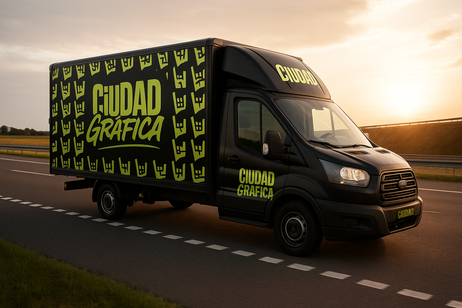 Camioneta ploteada Ciudad Gráfica en carretera al atardecer