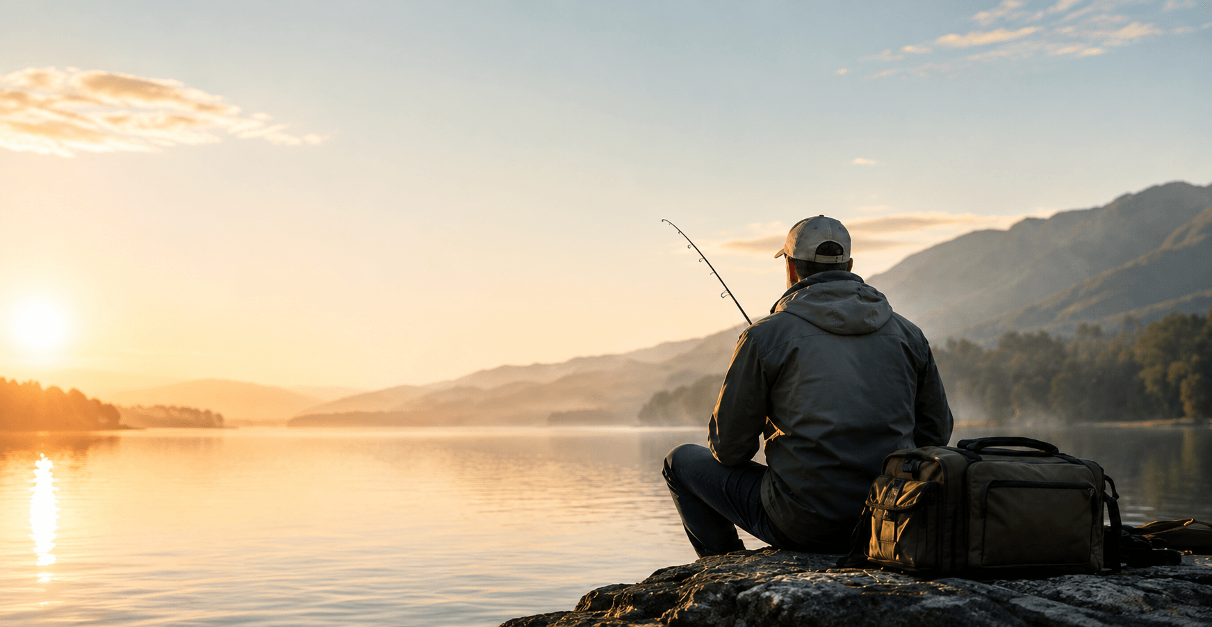 Pescador contemplando el lago al atardecer