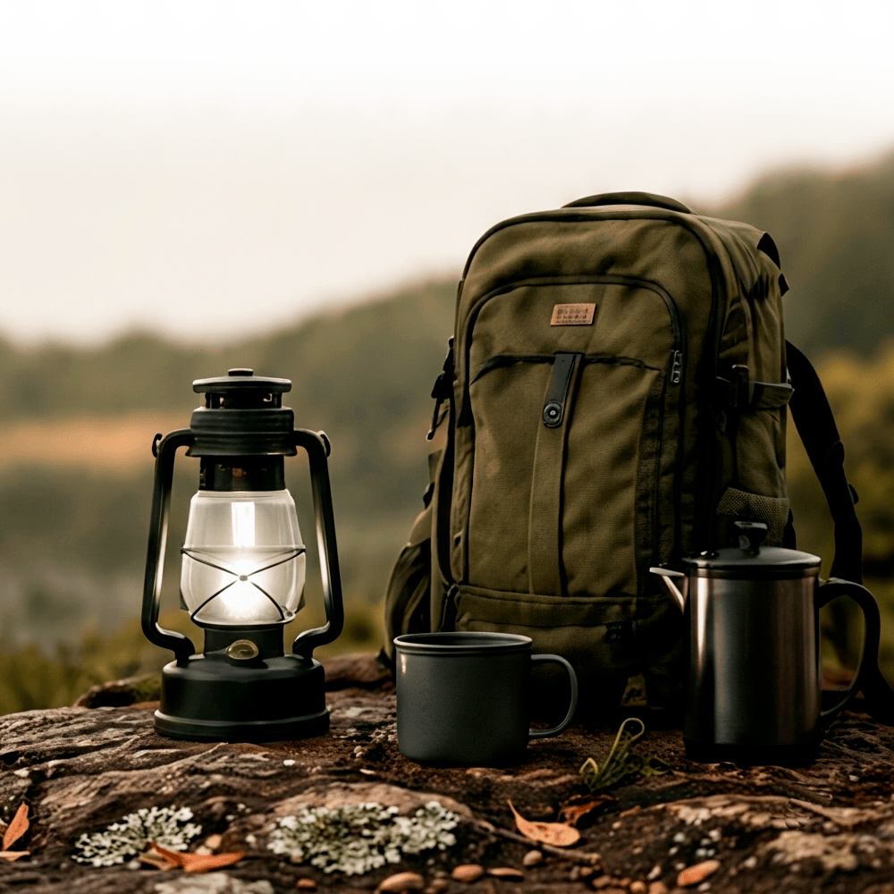 Mochila y linterna de camping