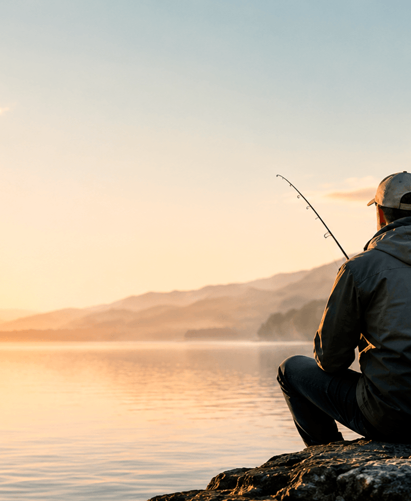 Pescador contemplando el lago al atardecer