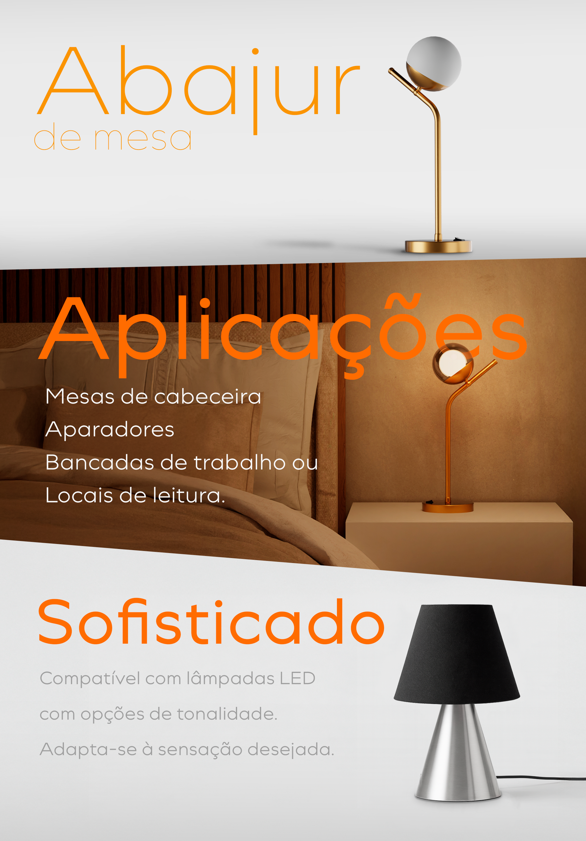 A Lumin&aacute;ria de Mesa Direcion&aacute;vel em Alum&iacute;nio Tangerina &eacute; a escolha ideal para quem busca praticidade, design moderno e ilumina&ccedil;&atilde;o funcional no dia a dia. Produzida em alum&iacute;nio de alta qualidade, ela oferece excelente durabilidade e um acabamento elegante que valoriza qualquer ambiente. Seu bra&ccedil;o articulado e direcion&aacute;vel permite ajustar facilmente o foco da luz, tornando-a perfeita para atividades como leitura, estudo, trabalho em home office ou ilumina&ccedil;&atilde;o de apoio em mesas e criados-mudos. Com visual minimalista e contempor&acirc;neo, essa lumin&aacute;ria se adapta facilmente a diferentes estilos de decora&ccedil;&atilde;o, sendo uma &oacute;tima op&ccedil;&atilde;o para quartos, escrit&oacute;rios, salas de estudo e ambientes profissionais. Dispon&iacute;vel nas cores Branco, Preto e Dourado, ela combina funcionalidade e est&eacute;tica, ajudando a criar um ambiente mais confort&aacute;vel e bem iluminado. A lumin&aacute;ria utiliza soquete E27, compat&iacute;vel com l&acirc;mpadas LED ou incandescentes (n&atilde;o inclusas), oferecendo liberdade para escolher a intensidade e temperatura de luz que melhor se adapta ao ambiente. Al&eacute;m disso, seu funcionamento bivolt garante praticidade na instala&ccedil;&atilde;o em diferentes locais. Com design vers&aacute;til, estrutura resistente e ilumina&ccedil;&atilde;o direcion&aacute;vel, a Lumin&aacute;ria de Mesa Tangerina &eacute; uma excelente escolha para quem deseja unir estilo, conforto visual e efici&ecirc;ncia em um &uacute;nico produto.