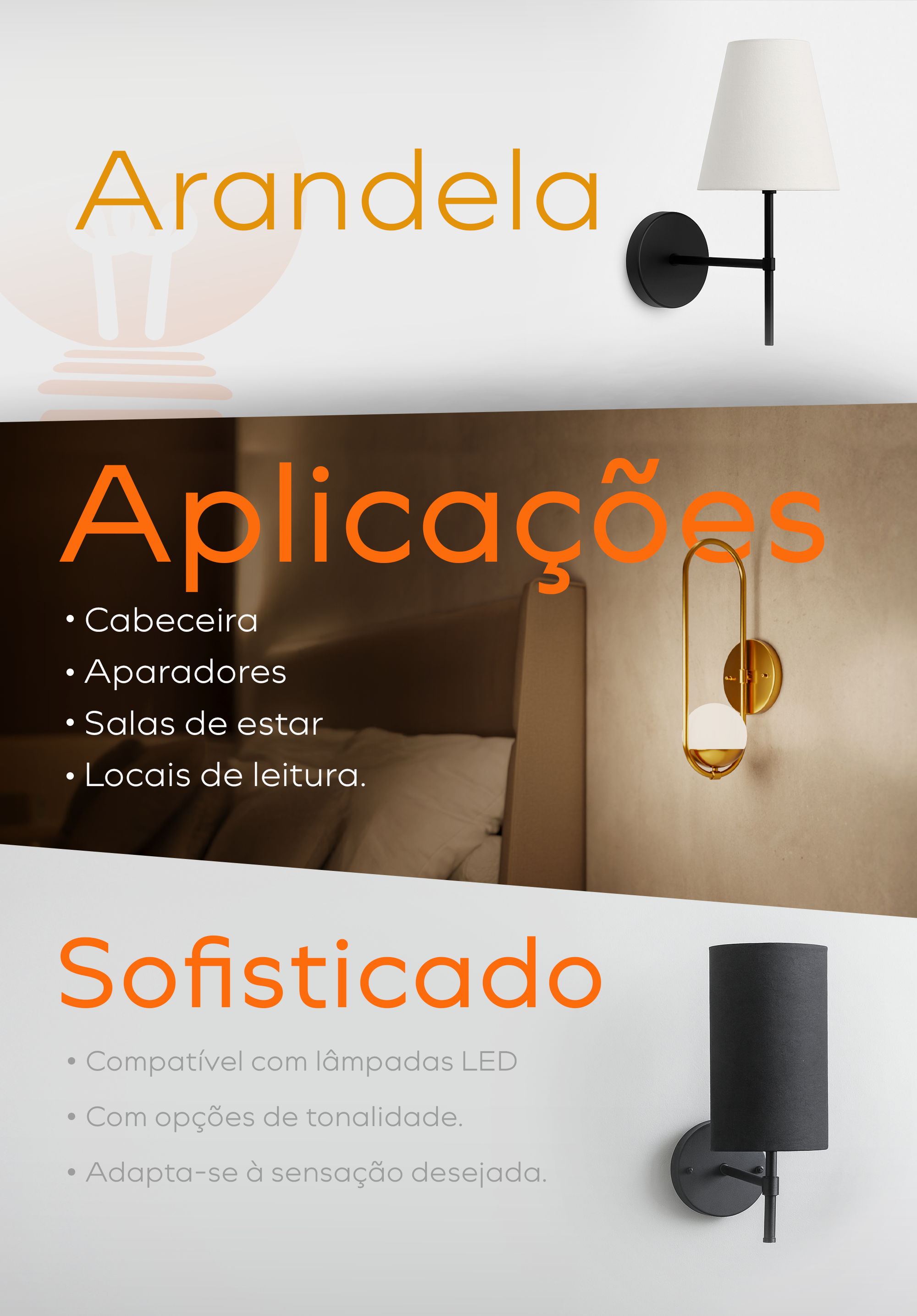 Essa arandela &eacute; aquele toque especial que vai al&eacute;m da ilumina&ccedil;&atilde;o &mdash; ela aquece o ambiente, valoriza a decora&ccedil;&atilde;o e convida voc&ecirc; a aproveitar melhor seus momentos em casa.  Com estrutura em alum&iacute;nio e uma c&uacute;pula de algod&atilde;o encantadora, ela une resist&ecirc;ncia com suavidade em um design que se destaca sem exageros. Ideal para criar atmosferas acolhedoras e funcionais, seja ao lado da cama, em um cantinho de leitura ou compondo uma parede charmosa na sala.  Por que ter essa arandela em casa?  Mais do que iluminar, ela cria atmosfera. &Eacute; o tipo de pe&ccedil;a que equilibra fun&ccedil;&atilde;o e est&eacute;tica, trazendo conforto visual, beleza atemporal e uma luz que acolhe &mdash; seja para relaxar, trabalhar ou decorar. Um detalhe que faz toda a diferen&ccedil;a no cotidiano e valoriza a composi&ccedil;&atilde;o dos ambientes.  Sala de estar ou sala de TV: Instale como luz de apoio pr&oacute;xima ao sof&aacute; ou poltrona. Use uma l&acirc;mpada LED quente (3000K) para criar um clima intimista e convidativo.  Quartos: Ideal como luz de cabeceira ou parede lateral. Aposte em luz morna (3000K) para promover relaxamento e conforto visual.  Escrit&oacute;rios ou home office: posicione ao lado da escrivaninha ou em pontos de leitura. Uma luz neutra (4000K) &eacute; indicada para manter a concentra&ccedil;&atilde;o sem abrir m&atilde;o do aconchego.  Corredores ou halls: perfeita para destacar paredes e trazer charme em passagens da casa, com luz quente ou morna para manter a suavidade.  Especifica&ccedil;&otilde;es T&eacute;cnicas:  IP (Grau de prote&ccedil;&atilde;o da pe&ccedil;a): IP20 &ndash; Utilizar em ambientes internos. Medidas da Arandela sem a C&uacute;pula: Altura: 26 cm / Comprimento: 16 cm / Largura: 12,5 cm. Medidas da Arandela com C&uacute;pula: Altura: 32 cm / Comprimento: 16 cm / Largura: 19 cm. Medidas da c&uacute;pula: Altura: 11 cm / Boca de baixo: 19 cm / Boca de cima: 10 cm. Di&acirc;metro da canopla: 12,5 cm. Material Da Arandela: Alum&iacute;nio. Material Da C&uacute;pula: Tecido Algod&atilde;o. Tens&atilde;o: Bivolt. Soquete: E-27. Quantidade de l&acirc;mpadas: 1 (n&atilde;o acompanha o produto).