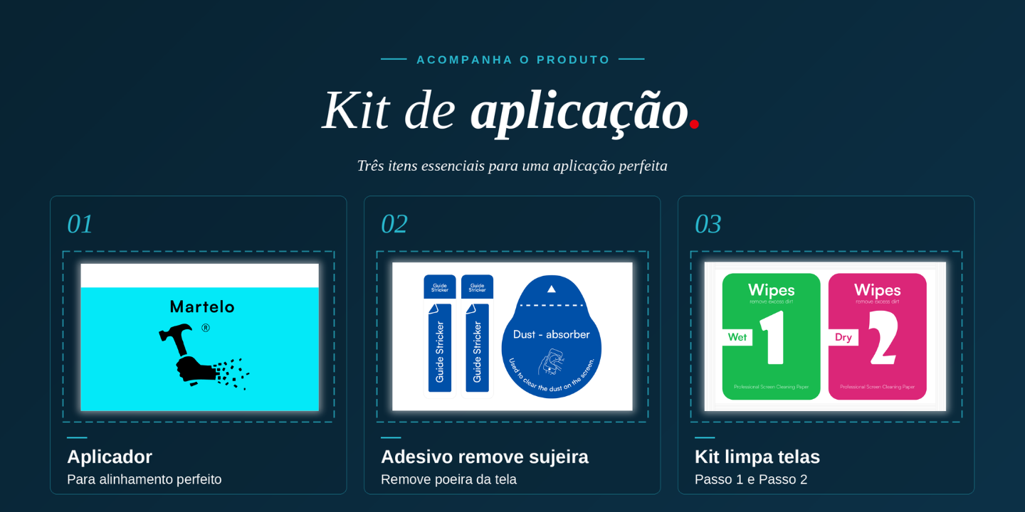 Kit de aplica&ccedil;&atilde;o &mdash; tr&ecirc;s itens essenciais que acompanham a Pel&iacute;cula UV Fibra de Vidro: aplicador, adesivo remove sujeira e kit limpa telas